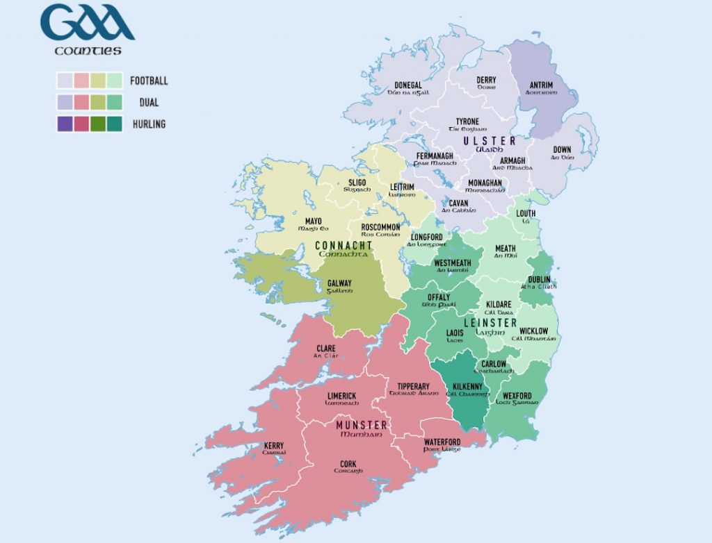 Map of Ireland counties and the sports played