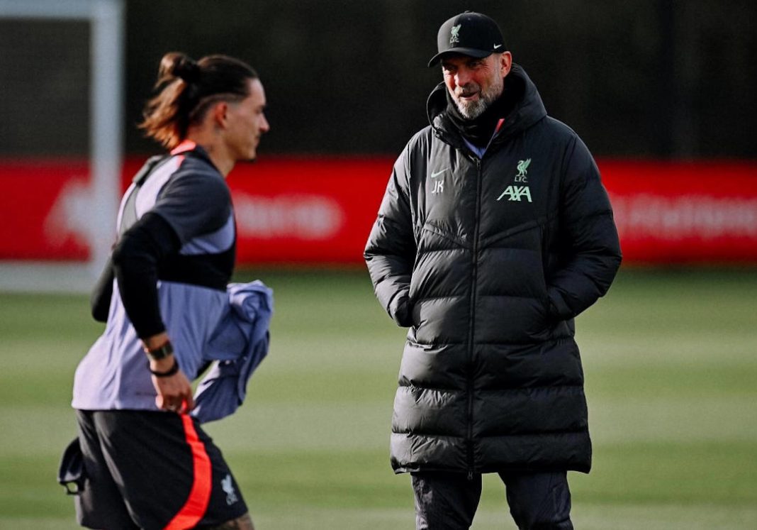 Manager Klopp supervising during Liverpool training