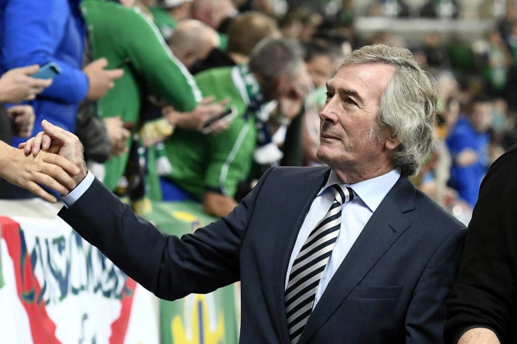 An old Pat Jennings shaking hands with the crowd at an Ireland game