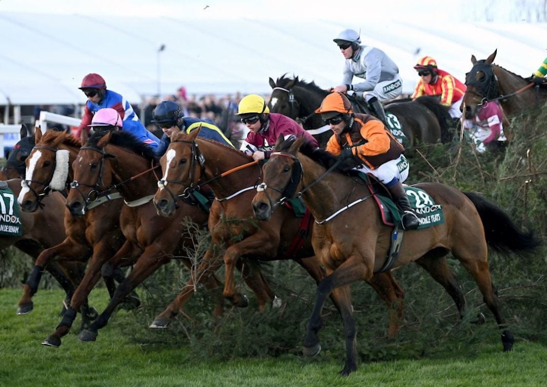 Horses jumping a fence at the Grand National
