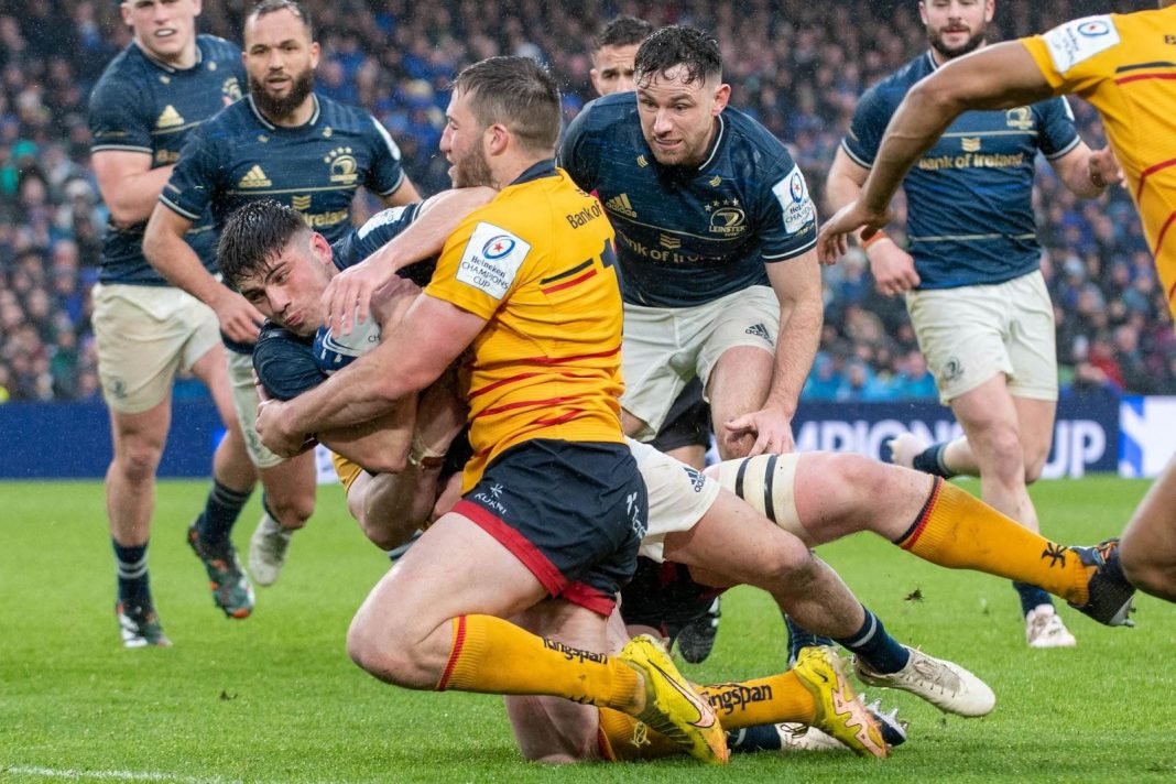 A Leinster player brought down with the ball