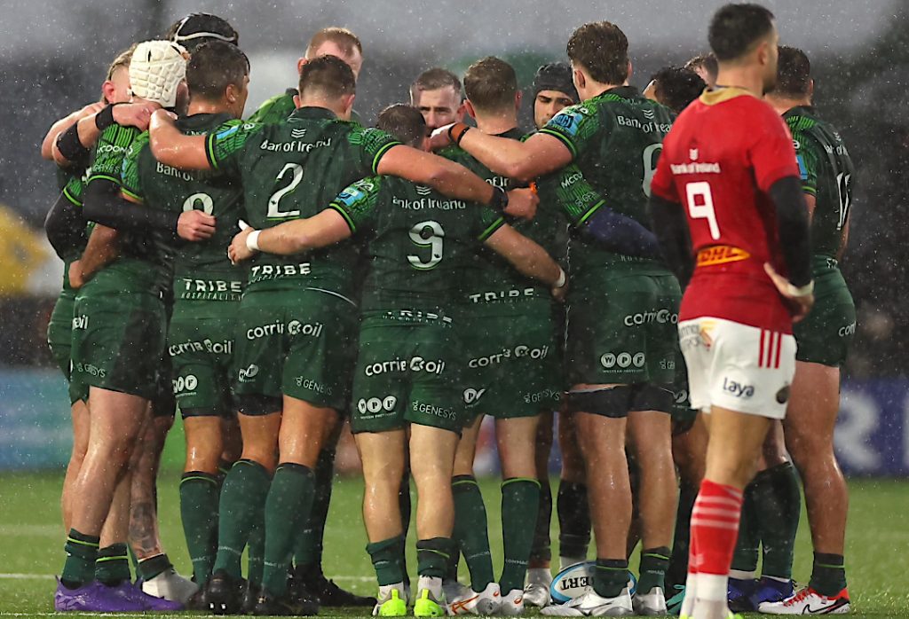 Connacht Rugby players in a huddle against Munster