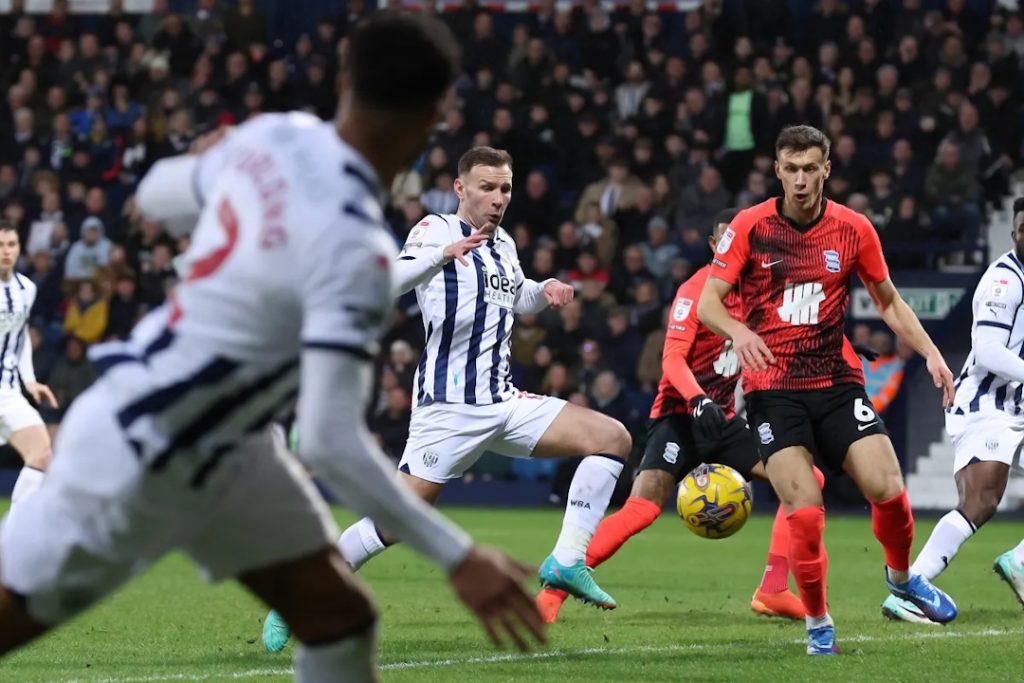 West Brom's new player shooting against Birmingham
