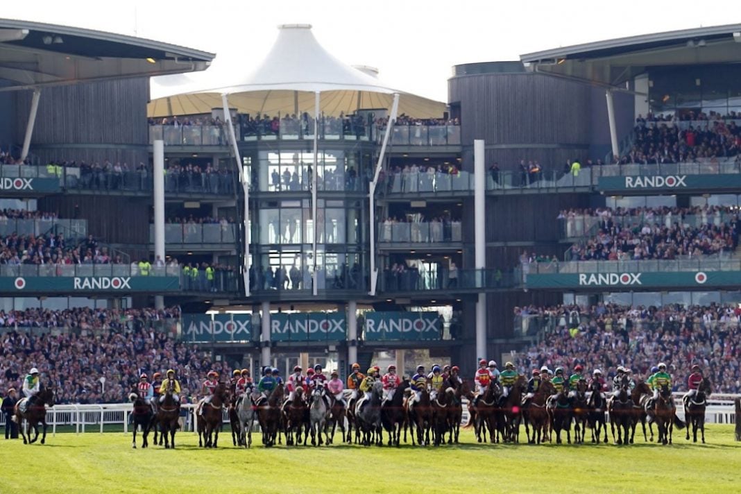 The horses lining up for the start of the Grand National