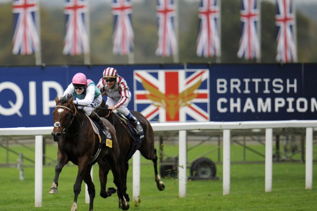 Frankel crossing the finish line in the British Champion Stakes.