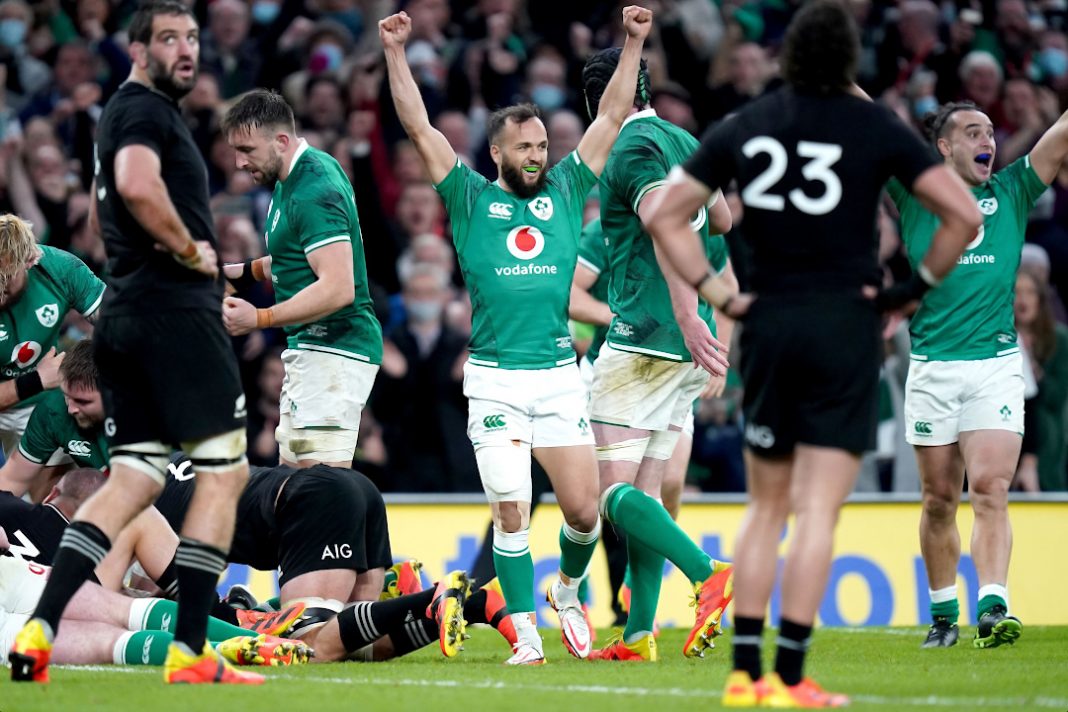 Jamison Gibson-Park celebrates a try for Ireland rugby vs New Zealand
