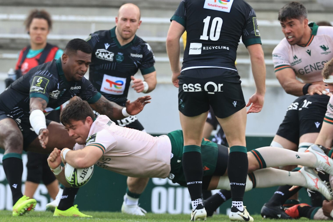 Connacht Rugby players jumping for a try