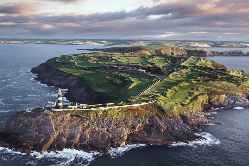 A helicopter photo of the cliffs surrounding the Old Head Golf Links