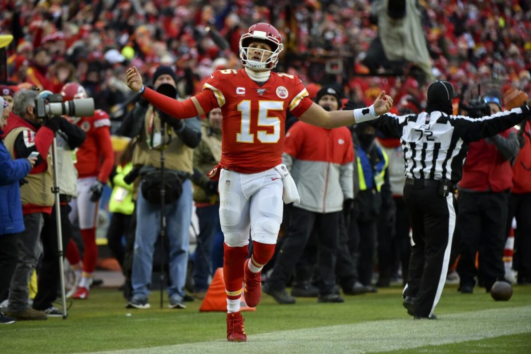 Patrick Mahomes celebrating a touchdown.