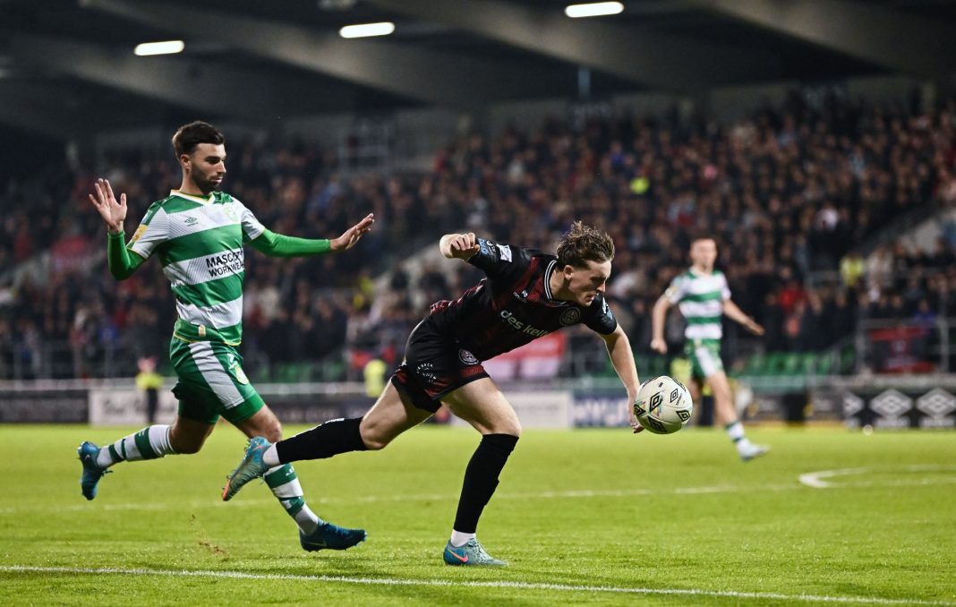 Cian Byrne of Bohemians in action against Danny Mandroiu of Shamrock Rovers during the SSE Airtricity Men's Premier Division match between Shamrock Rovers and Bohemians at Tallaght Stadium