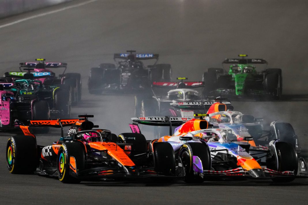 F1 cars colliding into the first corner
