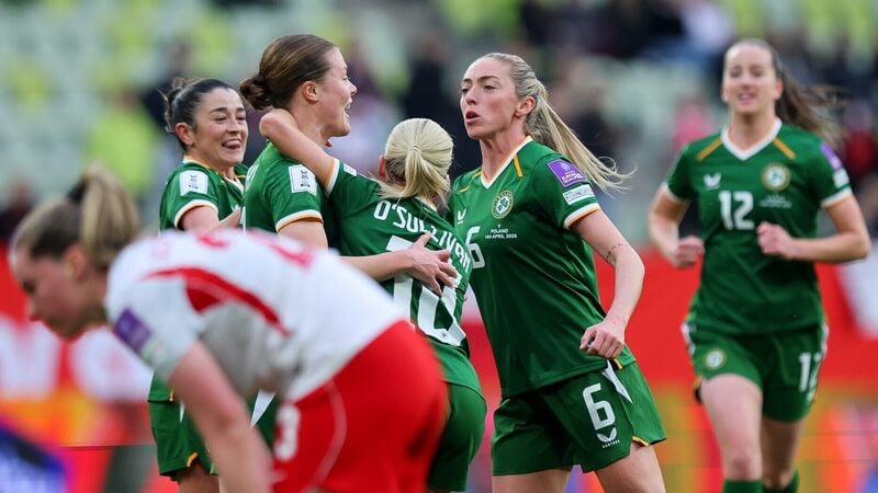 Emily Murphy celebrates with Marissa Sheva, Denise O'Sullivan and Megan Connolly after she scores her sides 1st goal of the match 14/4/2026