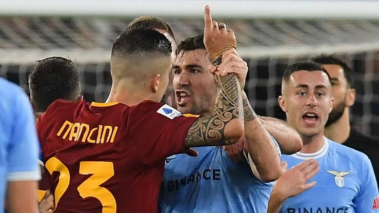 Lazio players arguing with Roma players in one of the Top 10 Best Football Derbies in the World