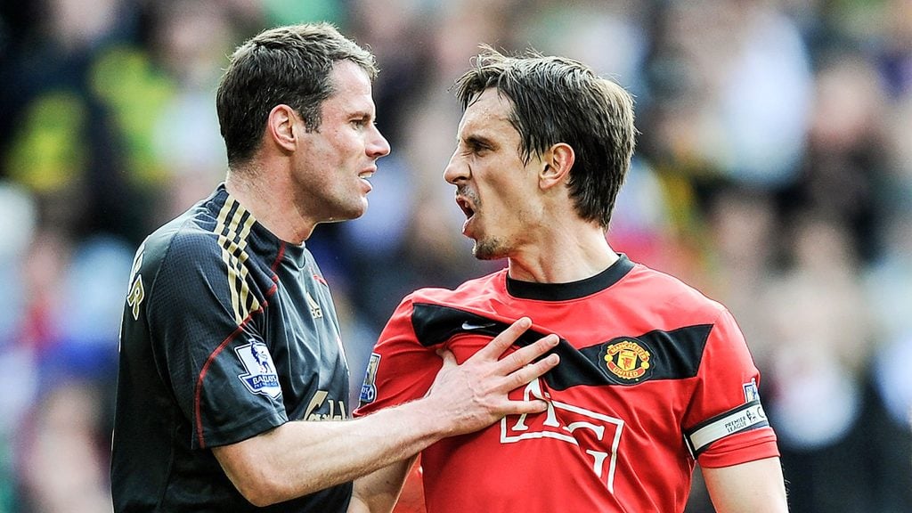Jamie Carragher scrapping with Gary Neville